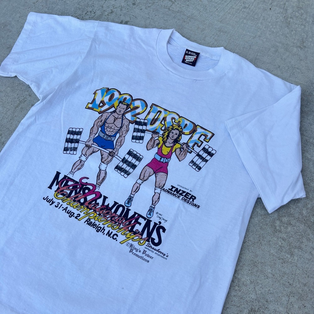 Vintage Screen Stars 1992 USPF Powerlifting Cartoon T Shirt XL White 90s USA